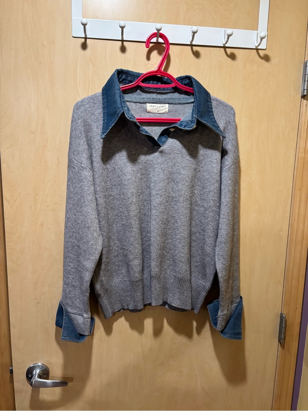 Cherry Paris knit like sweater with denim accents M/L